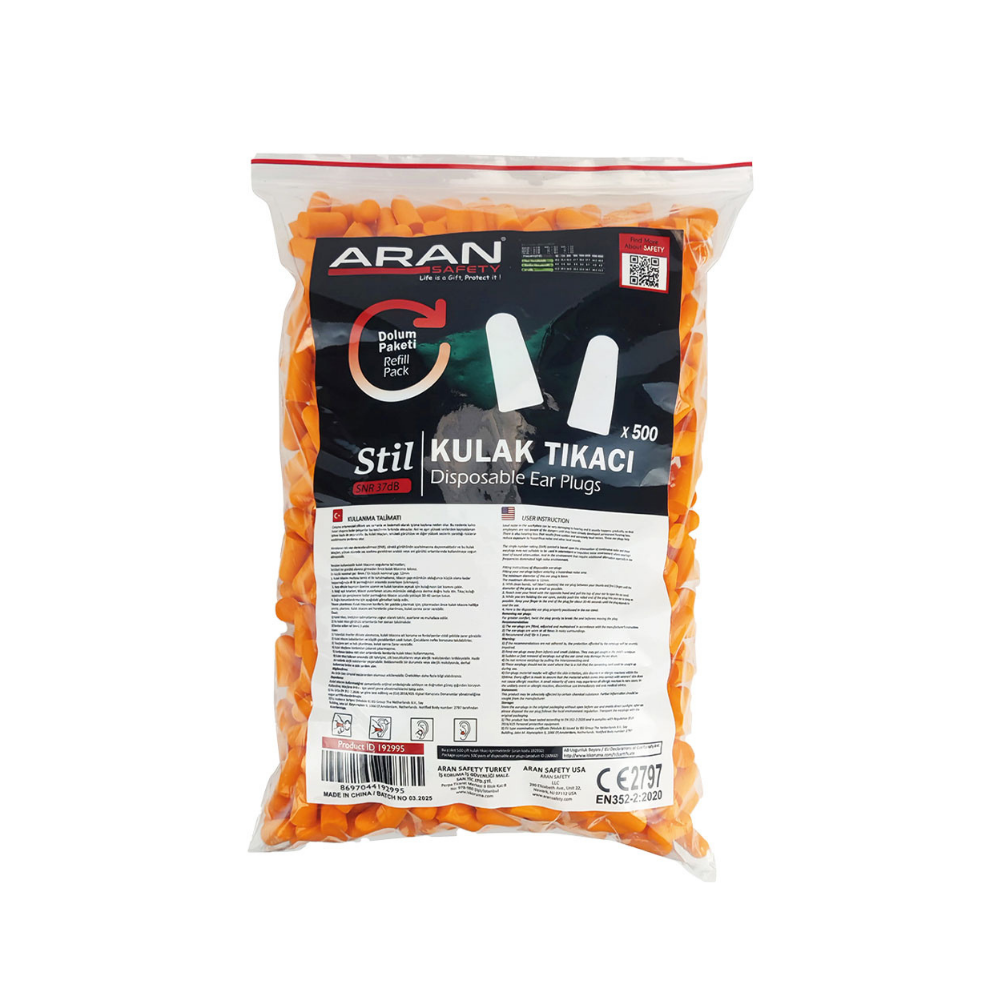 Aran Safety Stil 500 Çift Kulak Tıkacı Dispenser Dolum Paketi Turuncu
