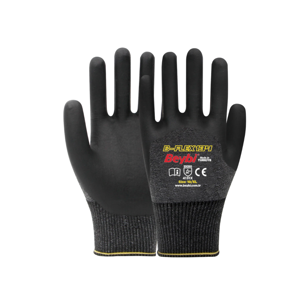 B-FLEX134 likralı polyester örme 3/4 köpük nitril kaplı iş eldiveni 4131x gri siyah