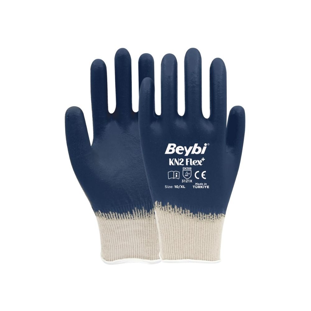 Beybi KN2 Flex+ tam kaplı mavi/lacivert nitril pamuk likralı iş eldiveni 3121x