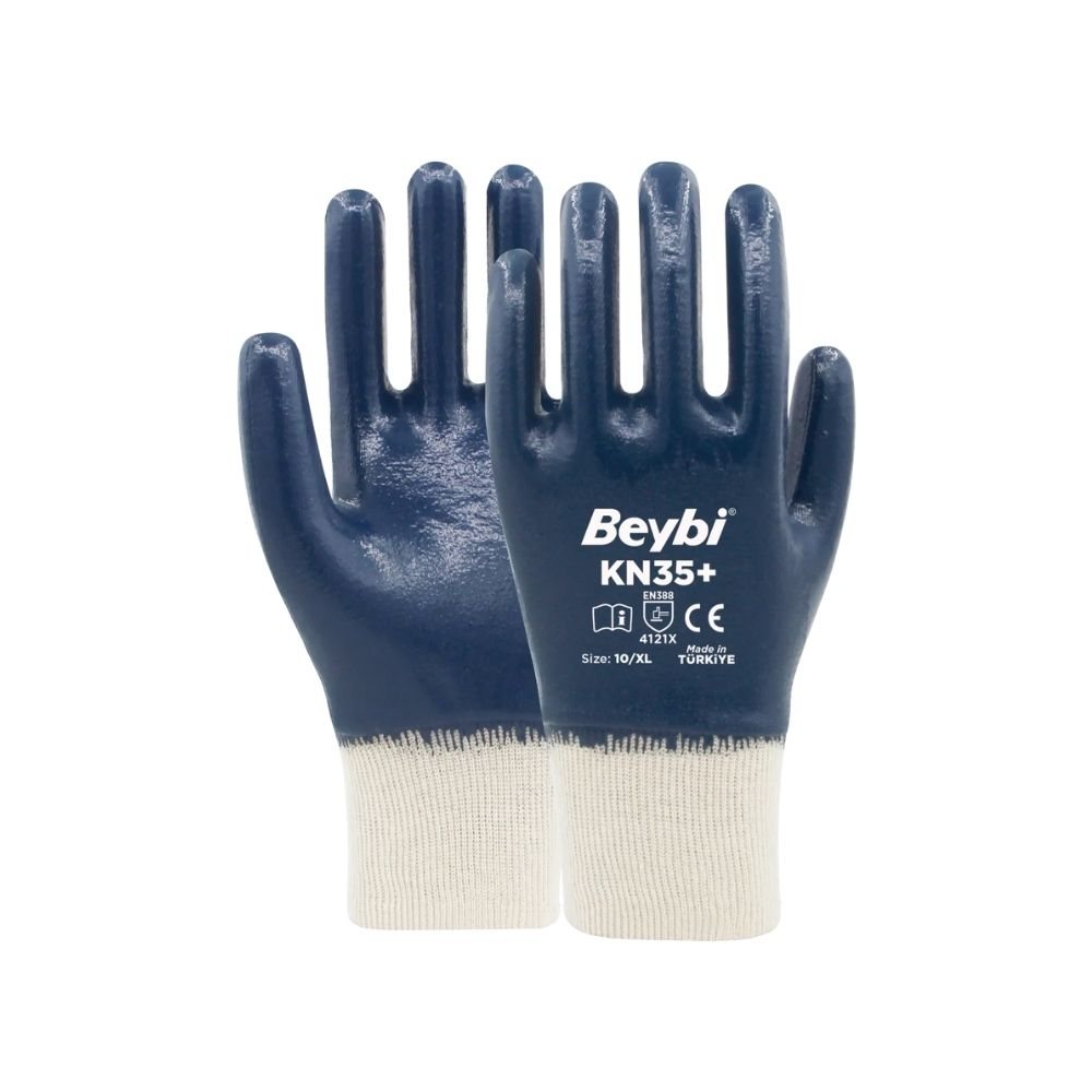 Beybi KN35+ tam kaplı lacivert nitril pamuk astarlı iş eldiveni 4121x petrol ve metal sanayi tipi