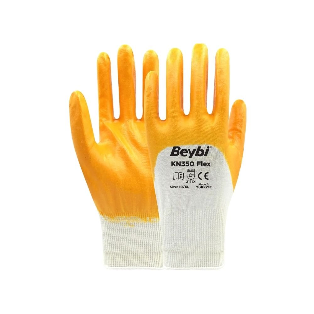 Beybi KN350 Flex sarı nitril kaplı pamuk astarlı hassas iş eldiveni 2111x