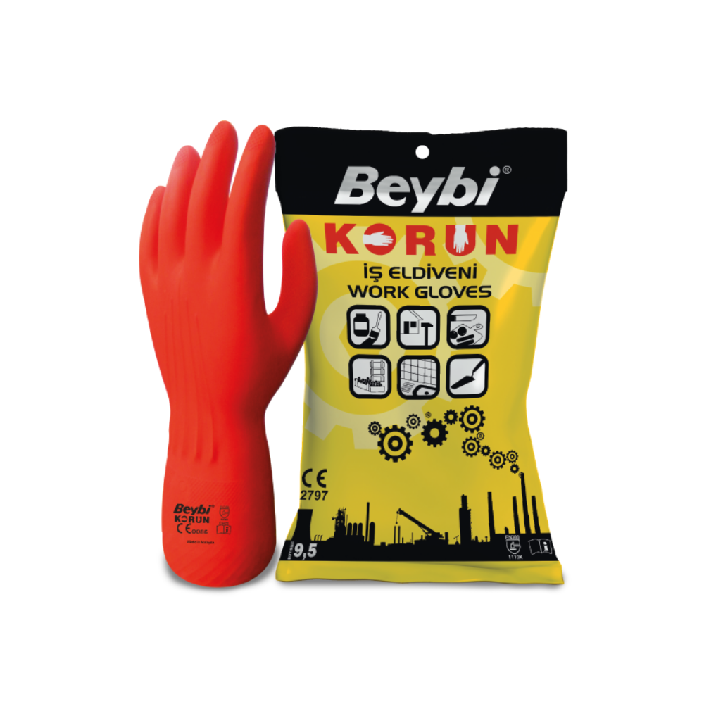 Korun Normal kırmızı lateks kaplı pamuk astarli gıda uyumlu endüstriyel eldiven 1110x