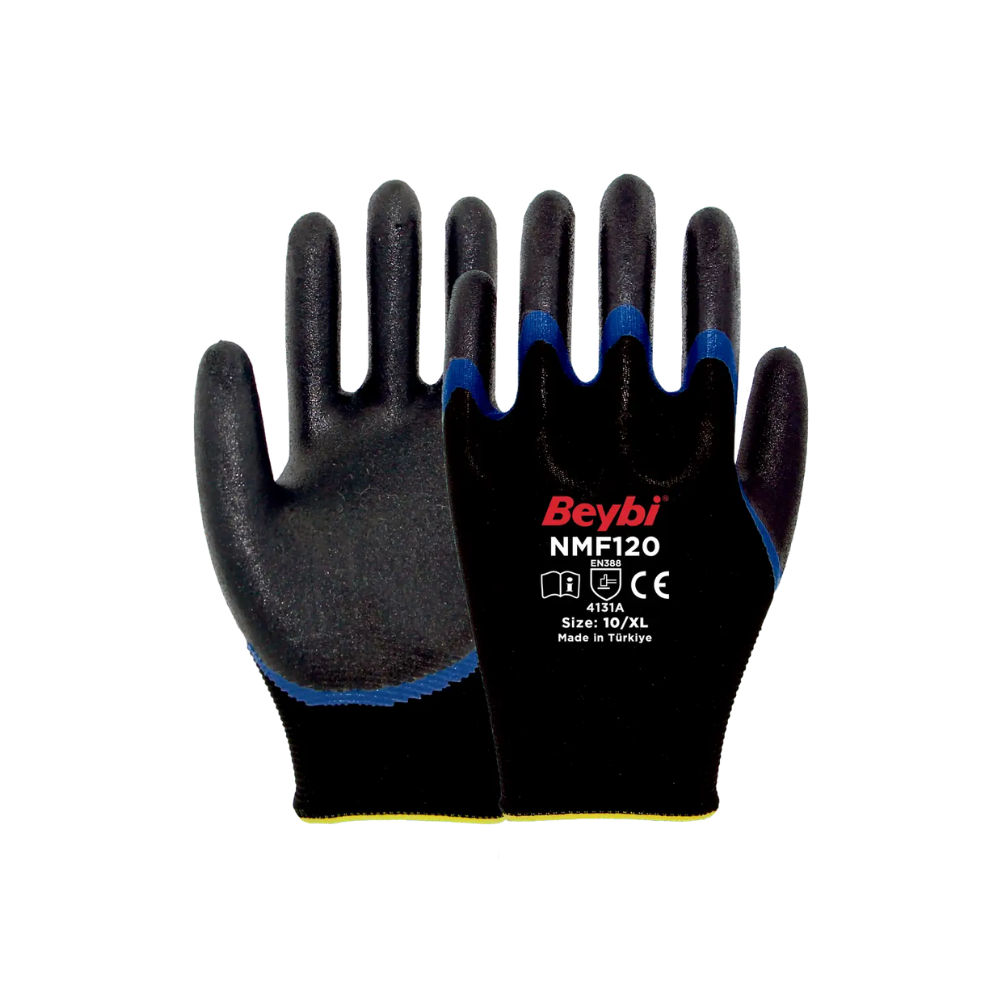 NMF120 çift katlı nitril kaplı polyester iş eldiveni mavi siyah 4131a