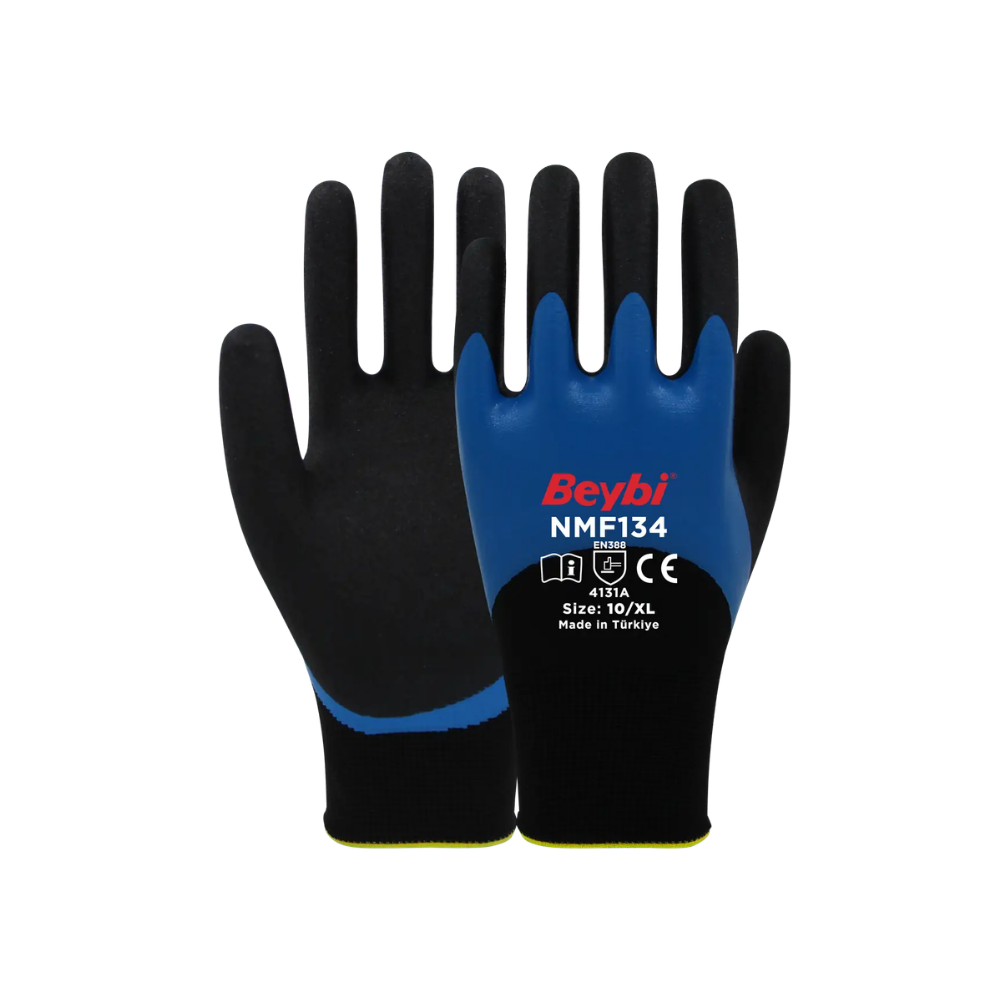 NMF134 çift katlı 3/4 nitril kaplı polyester iş eldiveni mavi siyah 4131a
