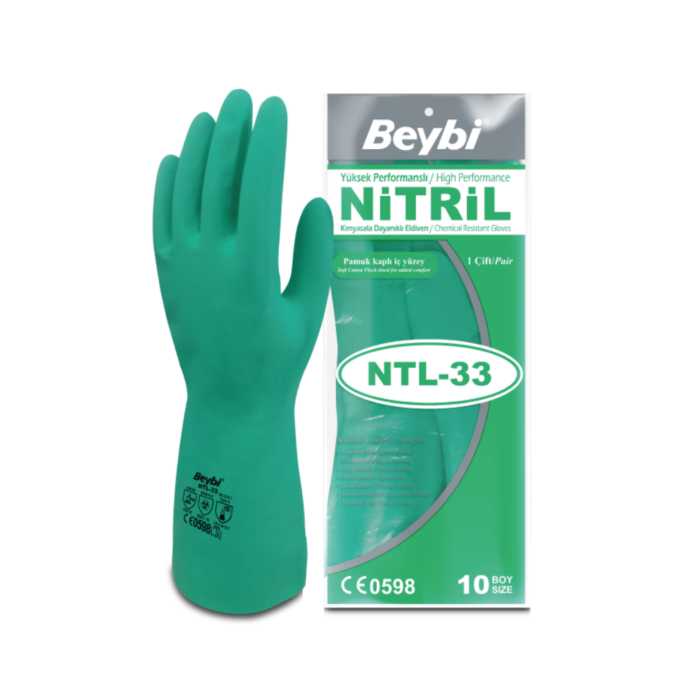 Beybi NTL-33 nitril kaplı kimyasala dayanıklı gıda uyumlu yeşil iş eldiveni