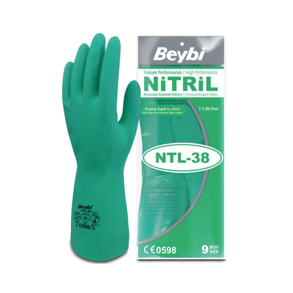 Beybi NTL-38 38 cm uzunluğunda kimyasala dayanıklı gıda uyumlu nitril eldiven