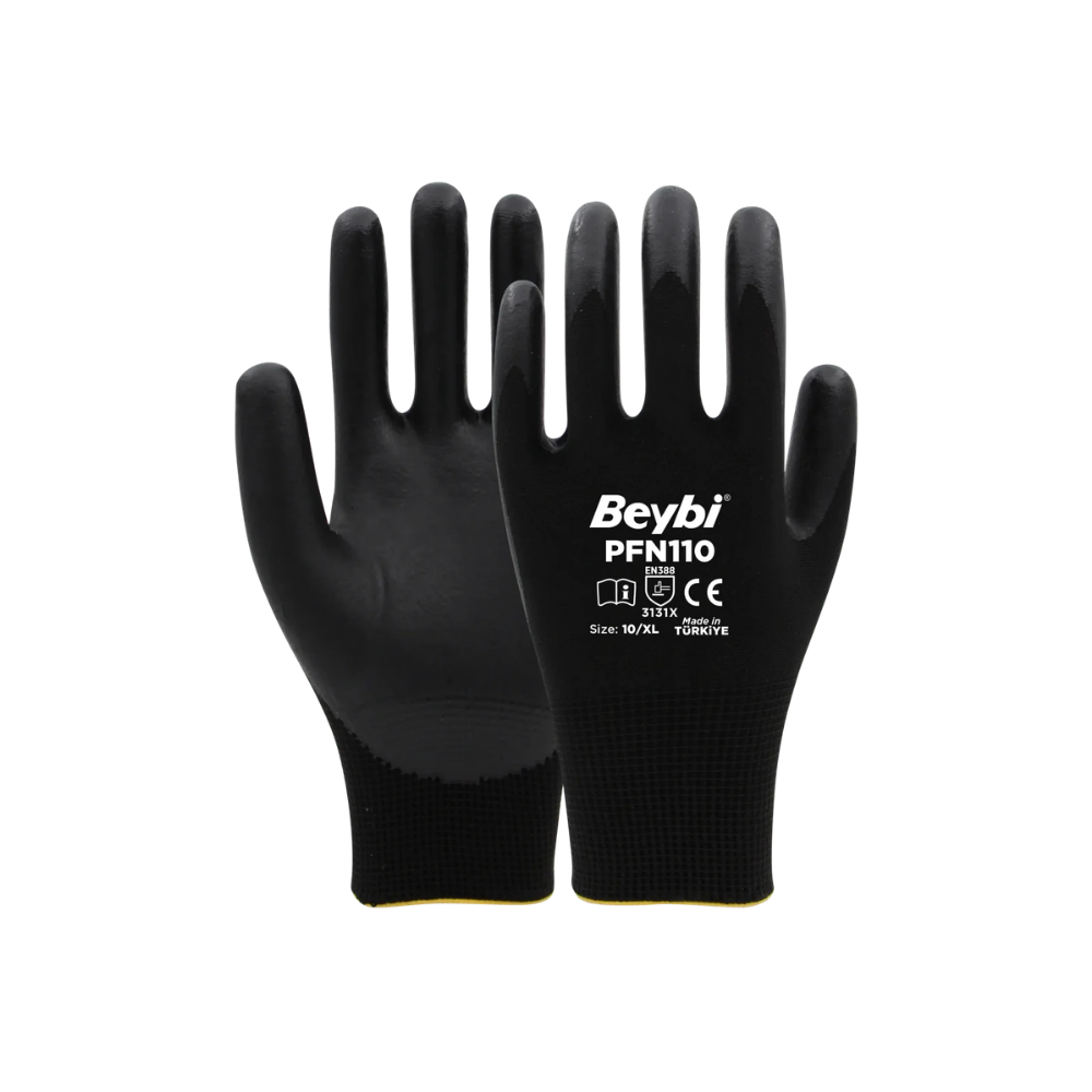 PFN110 siyah polyester örme köpük nitril kaplı iş eldiveni 15G 3131x