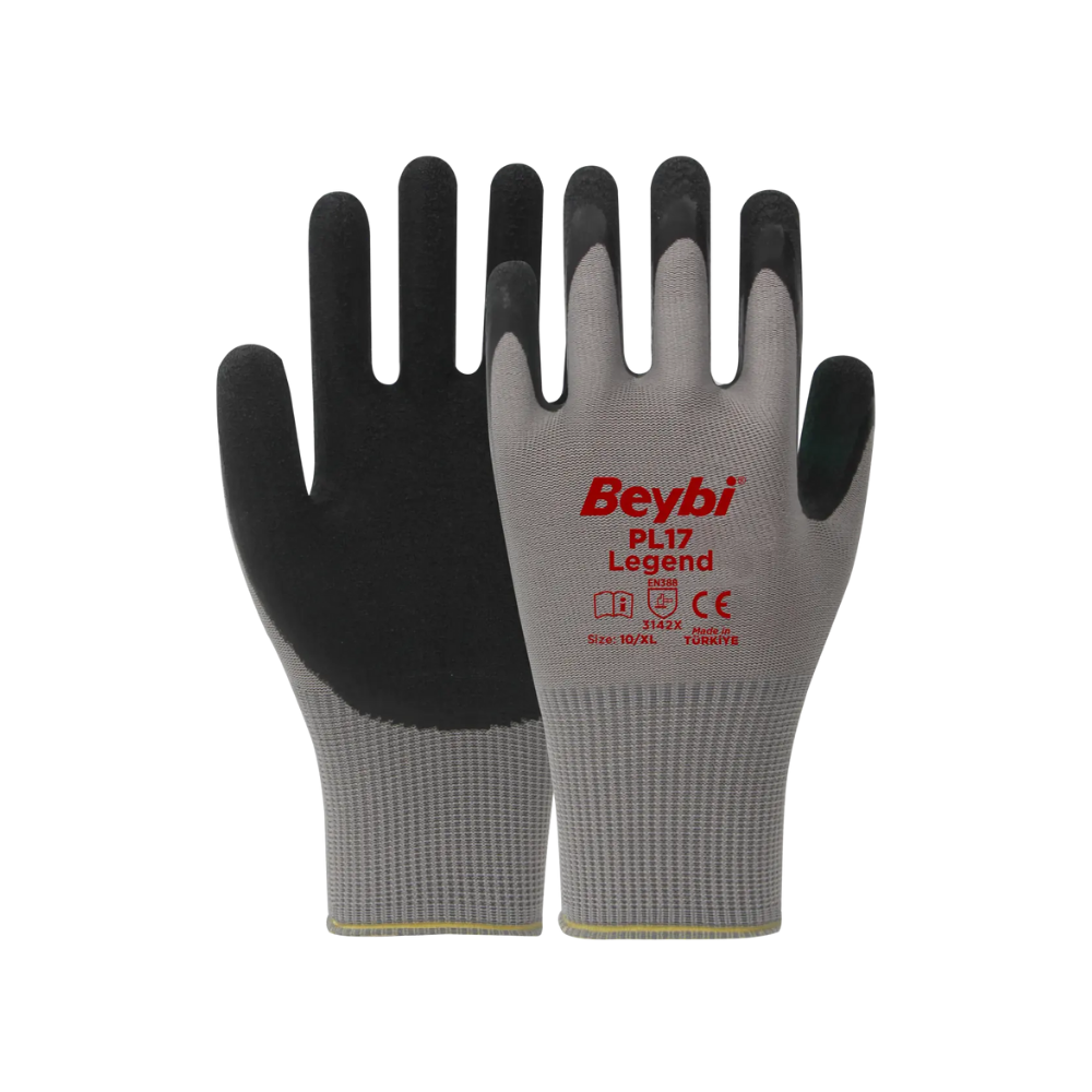 Beybi PL17 Legend siyah crinkle lateks gri polyester astar iş eldiveni 3142x