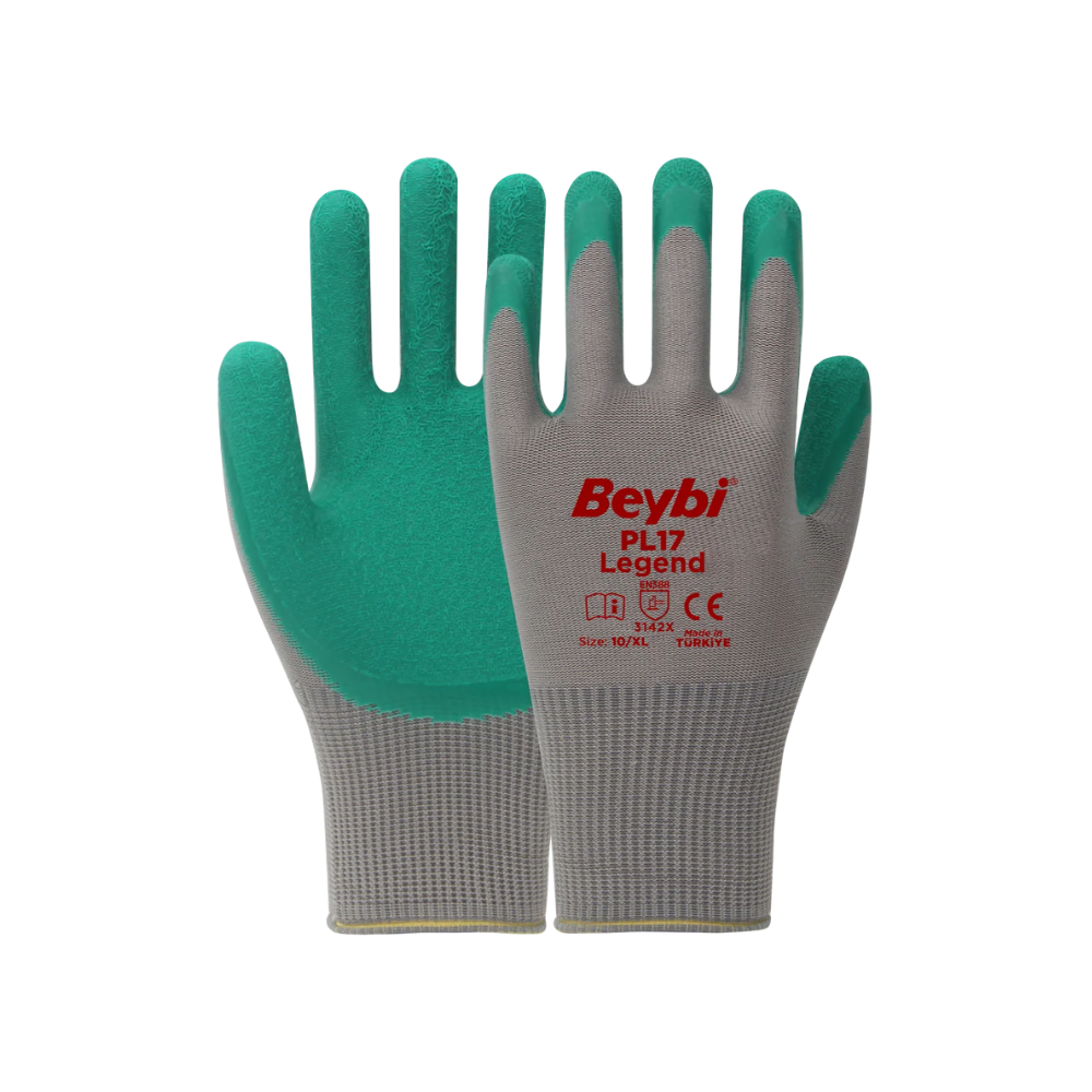 Beybi PL17 Legend yeşil crinkle lateks gri polyester astar iş eldiveni 3142x