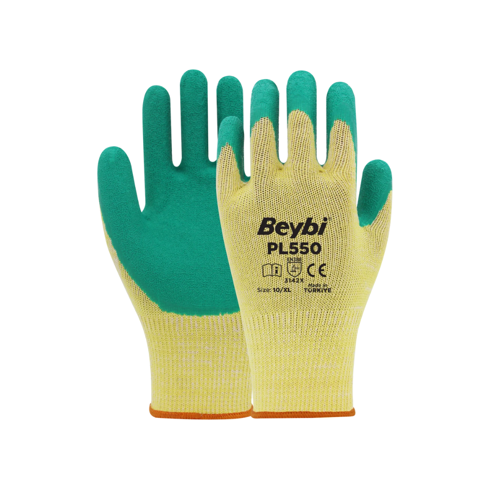 Beybi PL550 yeşil crinkle lateks sarı pamuk polyester astar iş eldiveni 3142x