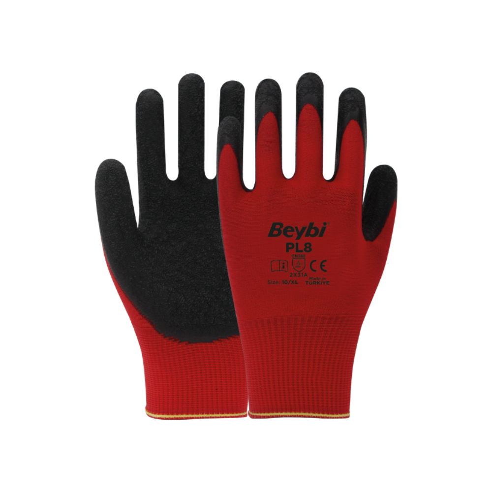 Beybi PL8 kırmızı polyester astar siyah lateks crinkle kaplı iş eldiveni 2x31a