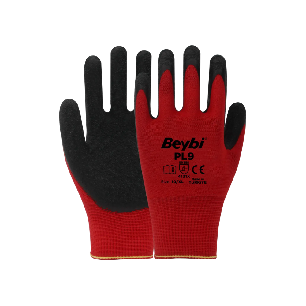 Beybi PL9 camcı eldiveni kırmızı polyester siyah lateks crinkle kaplı 4131x