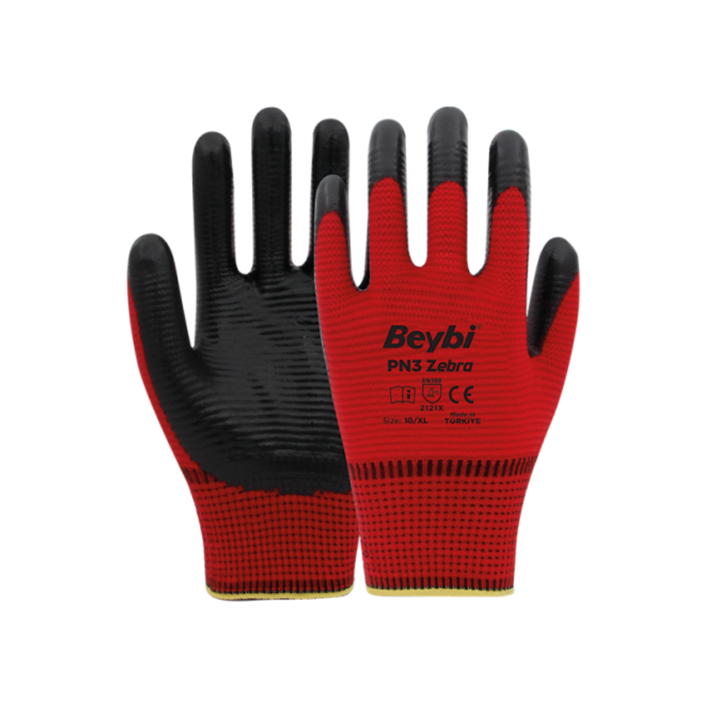 Beybi PN3 zebra kırmızı toptan iş eldiveni desenli nitril kaplı
