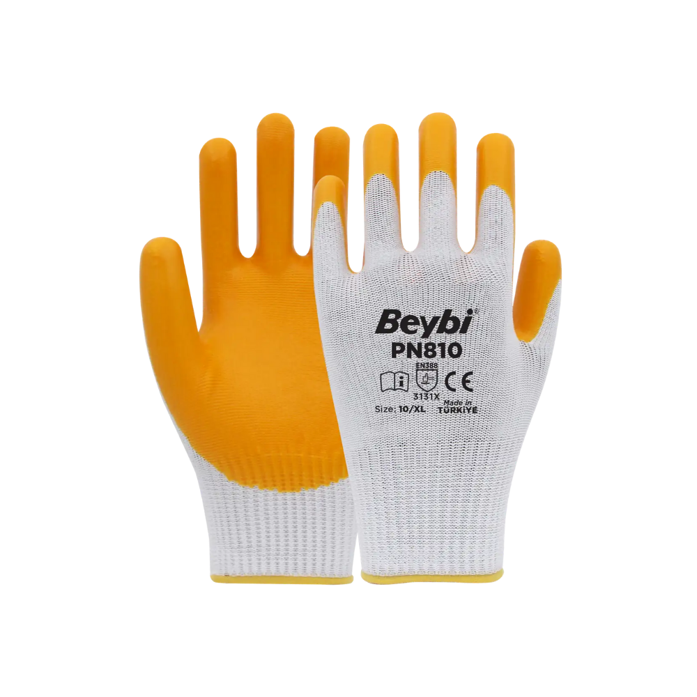 Beybi PN810 beyaz sarı nitril iş eldiveni kalın polyester inşaat tipi