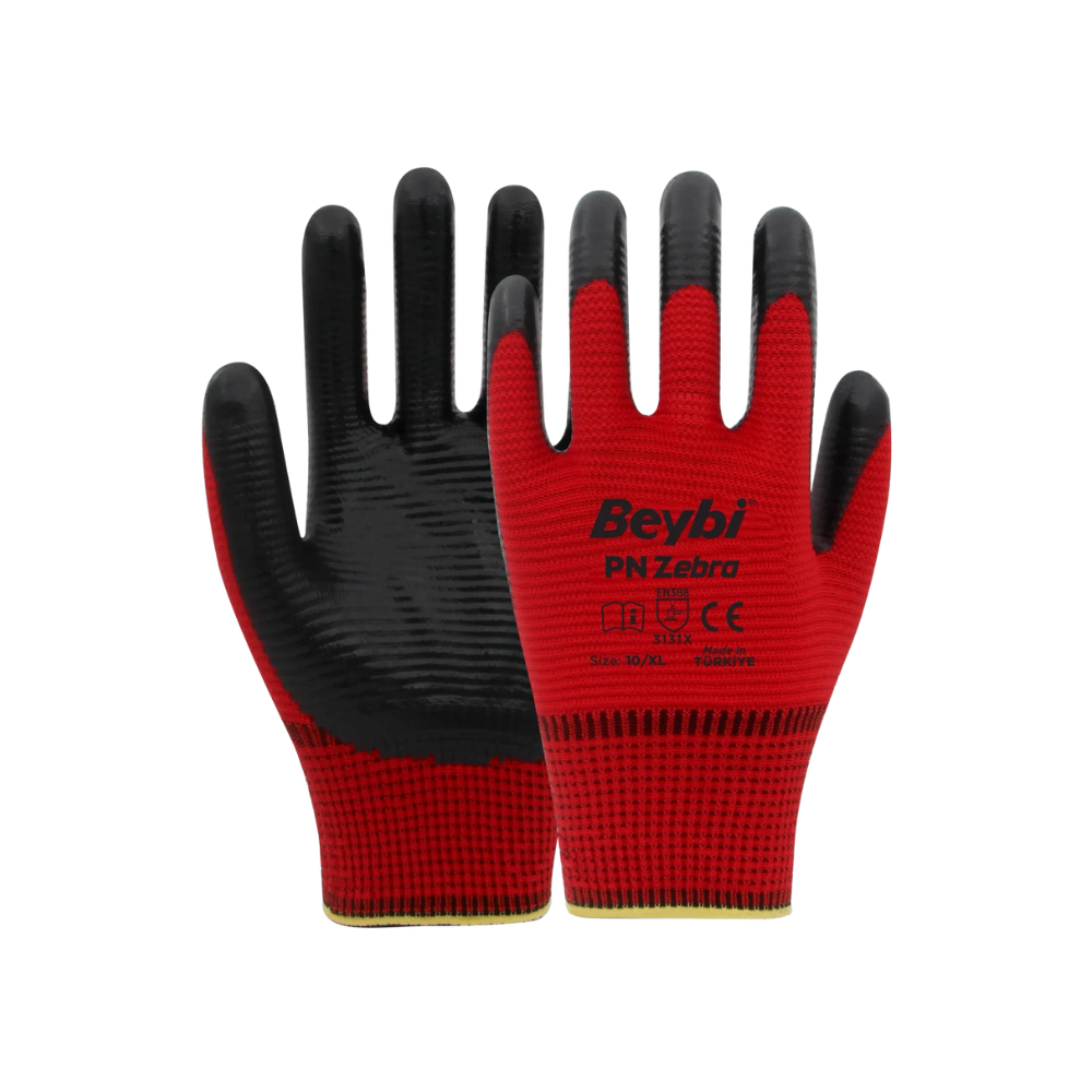 Beybi PN Zebra kırmızı polyester siyah nitril kaplı inşaat ve sanayi eldiveni 3131x