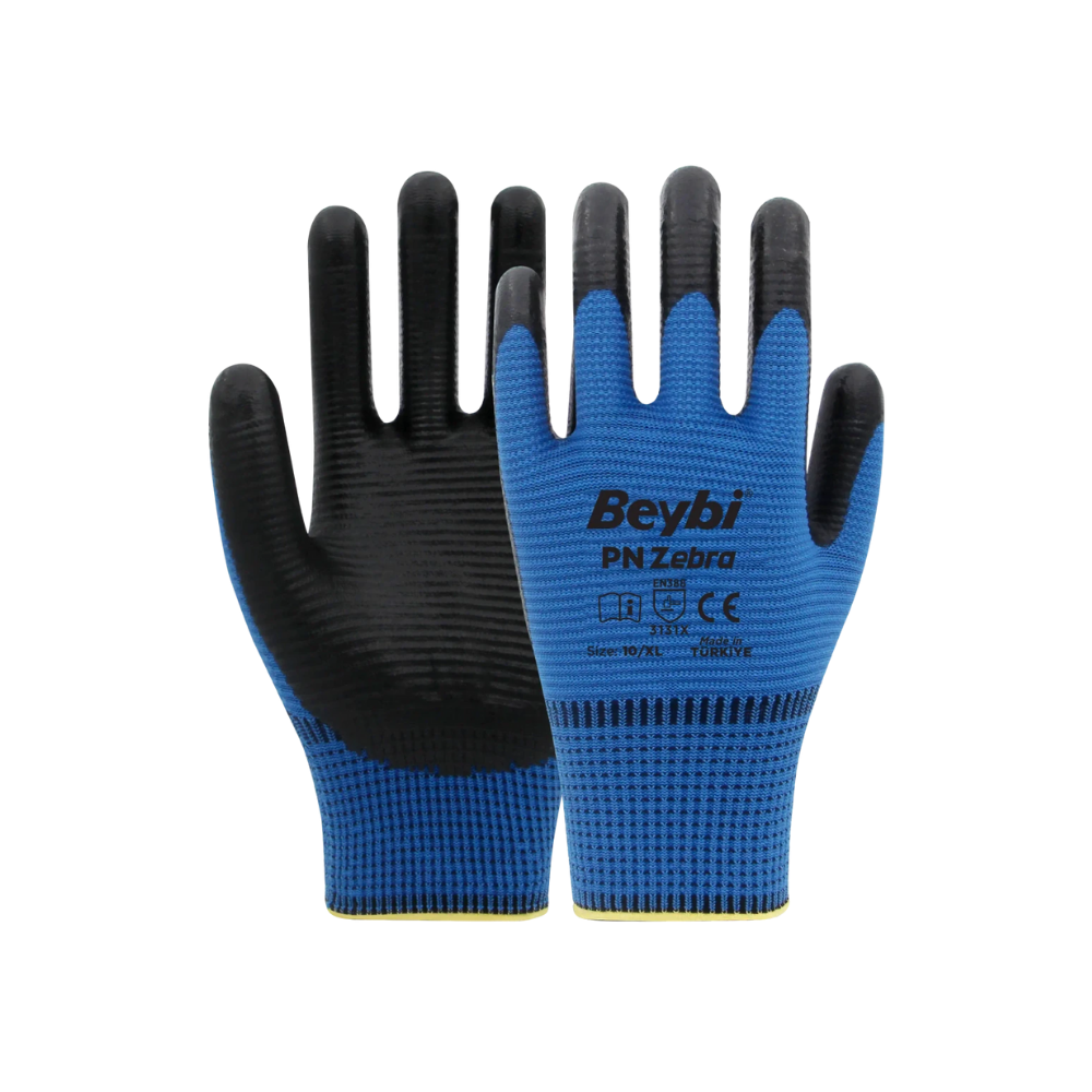 Beybi PN Zebra mavi polyester siyah nitril kaplı teknik inşaat eldiveni 3131x