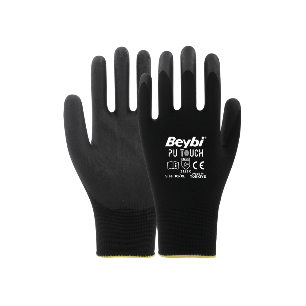 Beybi PU TOUCH siyah poliüretan kaplı polyester dikişsiz örme iş eldiveni 3121x